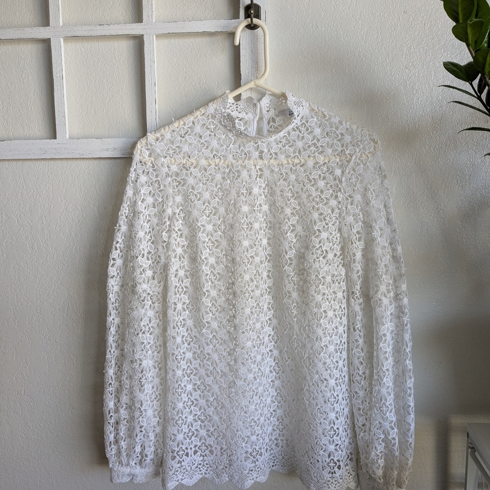 White Puff Sleeve Blouse with Bib Collar